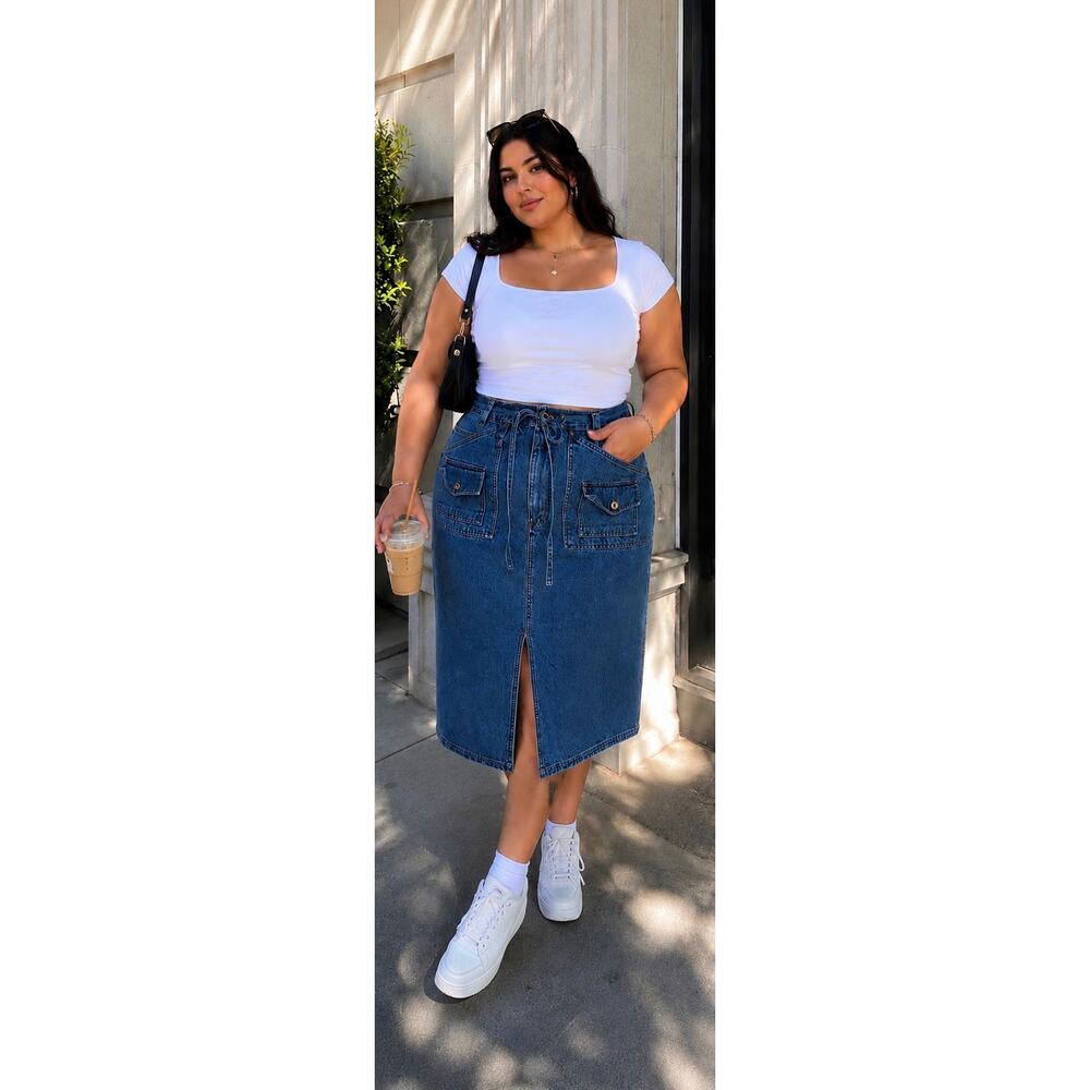 Vintage Starwear Midi Skirt Women's Blue Denim Front Slit Utility Y2K - 15/16